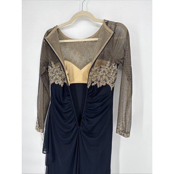 New XSCAPE Size 2 Petite Navy Gold Embellished Illusion-Bodice Ruched Gown Dress - Picture 7 of 10